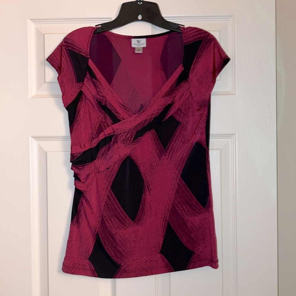 Worthington Stretch Sleeveless Dress Top - Size Medium - Pink and Black - Deep V